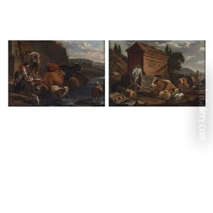 Herdsman With His Livestock Among Ruins (+ Country Folk And Livestock Along A River; Pair) by Karel Dujardin