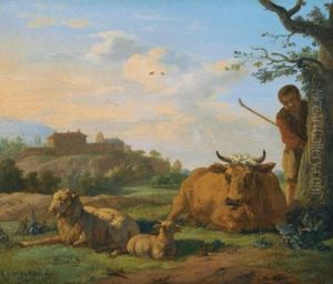 A Landscape With A Herder, A Cow, A Ewe, And A Lamb, A Hilltop Beyond