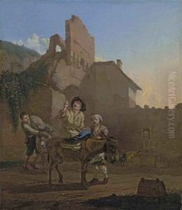 Travelers With Donkeys Resting At The Walls Of A Town by Karel Dujardin