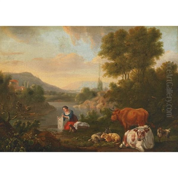 Washerwoman With Her Dog, Cattle, Sheep And Goats By A River With A Town Beyond - view 1