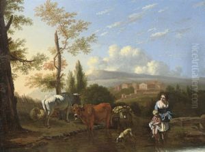 A Mountainous Landscape With A Woman And Child By A River, With A Donkey And Cart, A Town Beyond