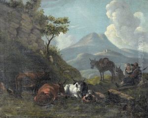 Bauernpaar Mit Tieren In Italienischer Landschaft by Karel Dujardin