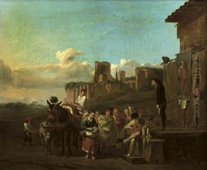 Peasants Gathered Around A Stage To Watch A Comedia Dell'arte Play (+ A Print After The Composition; 2 Works) by Karel Dujardin