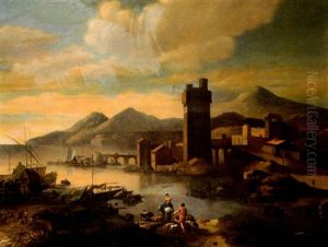 Berger Et Bergere Et Son Troupeau Devant Un Paysage De Riviere Domine Par Une Tour