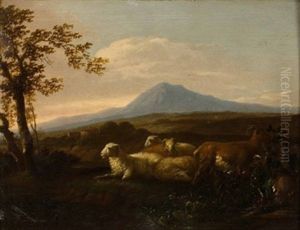 Ruhende Schafe Und Ziegen In Einer Italienischen Landschaft by Karel Dujardin