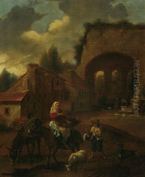 Italienische Landschaft Mit Ruinen, Im Vordergrund Eine Blumenverkauferin Auf Einem Esel Reitend - view 1