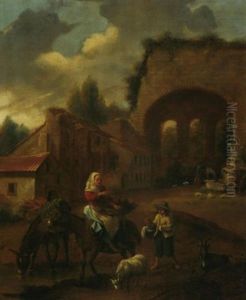 Italienische Landschaft Mit Ruinen, Im Vordergrund Eine Blumenverkauferin Auf Einem Esel Reitend by Karel Dujardin