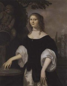 Portrait Of Catharina Van Foreest Wearing A Black Dress And Standing By A Fountain