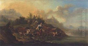 An Italianate River Landscape With A Drover, Cattle, Sheep And A Goat On A Bank, A Hilltop Village Beyond by Karel Dujardin