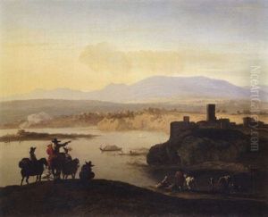 Italianate Landscape Wh Travellers On Horseback by Karel Dujardin
