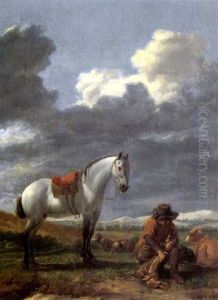 A Peasant With His Catch Of Hares Beside A White Horse And Greyhounds