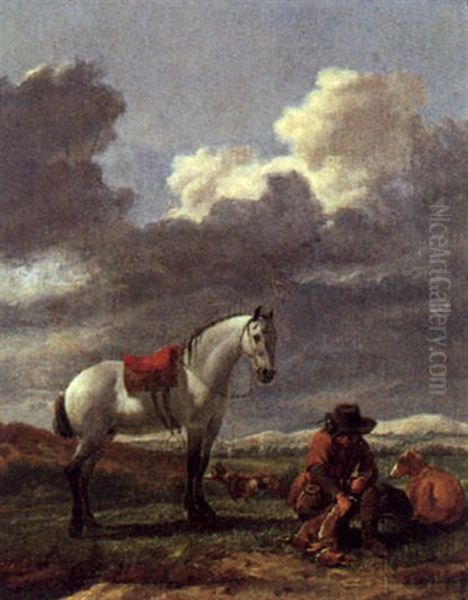 Rastender Jager Mit Seinem Schimmel In Einer Landschaft - view 1