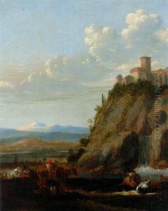 Herdsmen Resting In An Italianate Landscape, A Hilltop Town Beyond