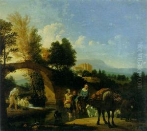 An Italianate Wooded River Landscape With Peasants At A Ford And Bathers By A Bridge, A Castle Beyond