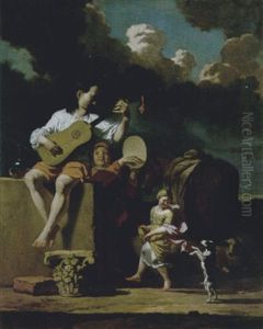 Zingaro Che Suona La Chitarra, Ragazzino Con Un Tamburo, Una Danzatrice Ed Un Cane, In Un Paesaggio Laziale Con Armenti