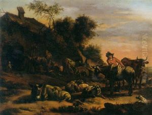 A Goatherd And His Flock Wirh Other Herders Resting By A Mountain Hut In The Foreground by Karel Dujardin