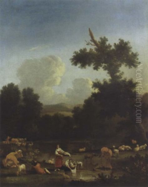 A Wooded Landscape With Women Washing Clothes By A Lake, With Herdsmen, Cattle And Sheep - view 1