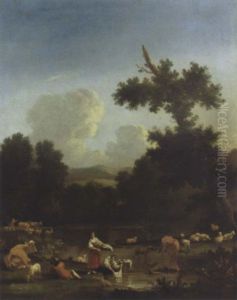 A Wooded Landscape With Women Washing Clothes By A Lake, With Herdsmen, Cattle And Sheep by Karel Dujardin