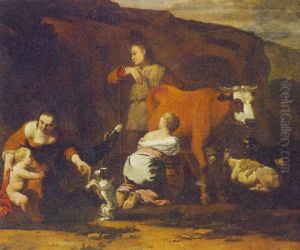 A Herdsman And His Family On A Hillside With A Maid Milking A Cow