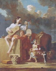 A Gypsy Playing The Guitar And A Boy Playing The Tambourine, While A Girl Dances With A Dog, In An Italianate Landscape by Karel Dujardin