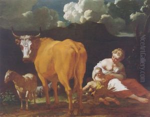 An Italianate Landscape With A Woman And Two Children, A Bull, Sheep And A Dog by Karel Dujardin