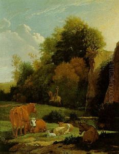 A Pastoral Scene With Cattle, Sheep And A Donkey Resting, A Horseman Beyond by Karel Dujardin