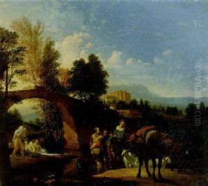 An Italianate Wooded Landscape Wiuth Peasant's At A Ford And Bathers By A Bridge, A Castle Beyond