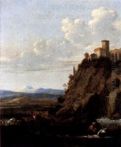 Herdsmen Resting With Their Cattle At A River Before A Hill Top Town