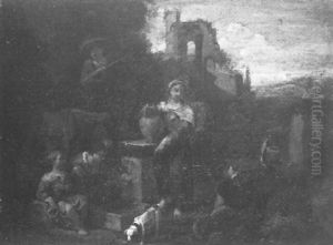 Italienische Landschaft Mit Frauen Und Mannern Am Brunnen by Karel Dujardin