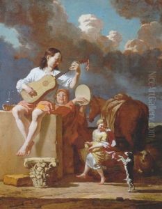 A Gypsy Playing The Guitar And A Boy Playing The Tambourine, While A Girl Dances With A Dog In An Italianate Landscape by Karel Dujardin