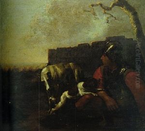 A Young Soldier Seated By A Wooden Fence At Dusk With A Spaniel And Lurcher By His Side A Young Soldier Seated By A Wooden Fence At Dusk With A Spaniel And Lurcher By His Side