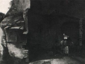 Rastende Bauern Mit Vieh Vor Einer Ruinenmauer by Karel Dujardin