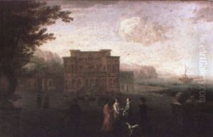 Conversacion En El Jardn De Una Villa Palaciega Junto Al Lago by Karel Dujardin