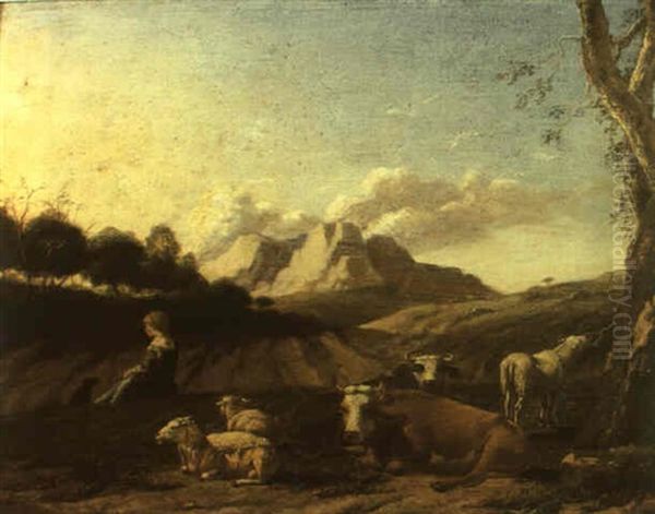 Shepheress Seated With Cows And Sheep In A Landscape - view 1
