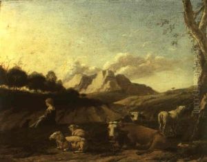 Shepheress Seated With Cows And Sheep In A Landscape Shepheress Seated With Cows And Sheep In A Landscape