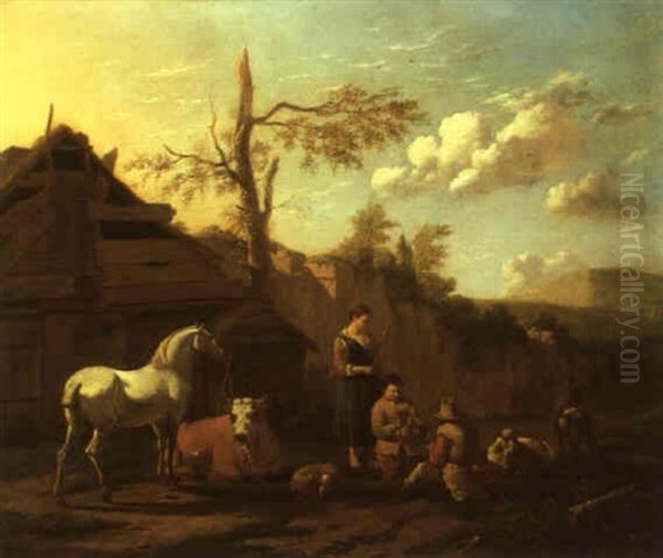Peasants With Cattle Playing Cards By A Shed In A Landscape - view 1