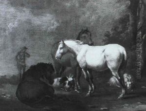 Hirte Mit Pferden Und Ziegen In Landschaft Hirte Mit Pferden Und Ziegen In Landschaft