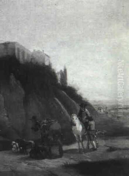 Travellers Resting By A Cliff In A Mountainous Landscape - view 1