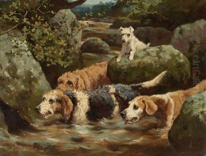 Otter Hounds; Otter Hounds On The Scent (a Pair) by Alfred Duke