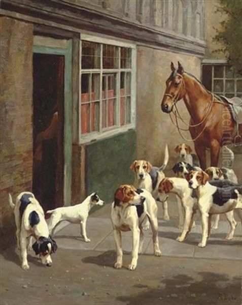 Before The Hunt - Foxhounds And A Jack Russell Terrier With A Saddled Hunter Outside A Stable - view 1