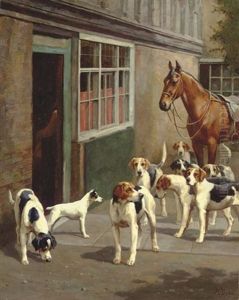 Before The Hunt - Foxhounds And A Jack Russell Terrier With A Saddled Hunter Outside A Stable