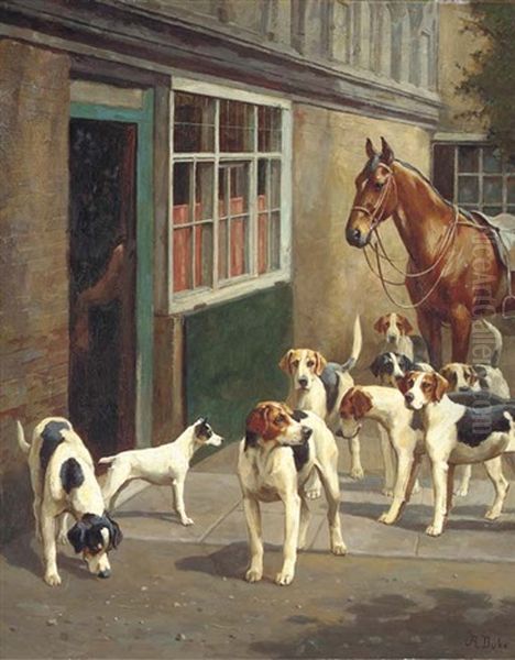A Saddled Hunter And Hounds In A Courtyard - view 1