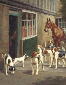 A Saddled Hunter And Hounds In A Courtyard by Alfred Duke