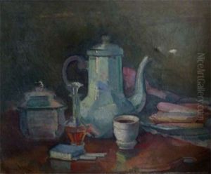 Still Life Study Of Coffee Pot, Sugar Bowl, Liqueur Decanter, Etc. On A Cloth