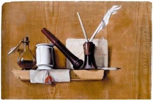 A Trompe L'oil Still Life With A Flacon, A Seal Holder, A White Glazed Delft Pot, A Letter Ad Quills In An Ink Pot, All Arranged Upon A Wooden Shelf by Heyman Dullaert