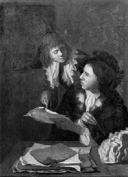 A Young Man Seated At A Table Showing A Letter To Another   Gentleman Standing Behind Him - view 1