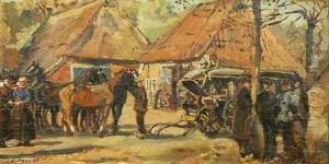 Dorpsplein Met Figuren, Paarden En Koetsjes by Erasmus Bernhard Van Dulmen Krumpelman