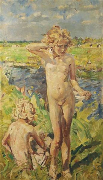 Girls Playing Near The River Aa - view 1
