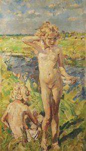 Girls Playing Near The River Aa by Erasmus Bernhard Van Dulmen Krumpelman