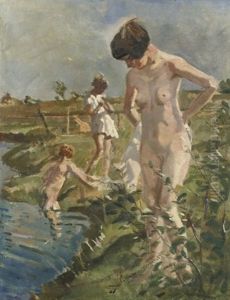 Bathing In The River Aa by Erasmus Bernhard Van Dulmen Krumpelman